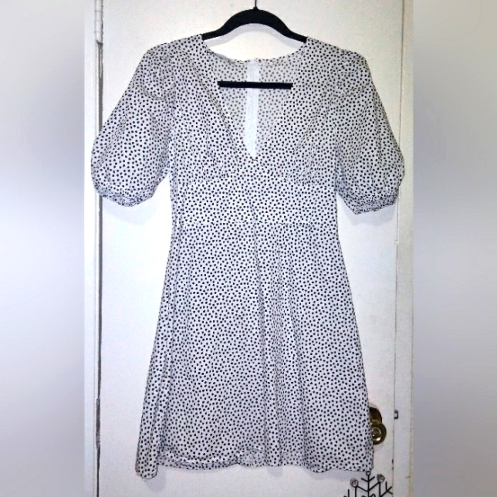 Iefties sizeM White w/ Black Polka Dot Puff Sleeve Shirt Dress Deep V Neck Zips